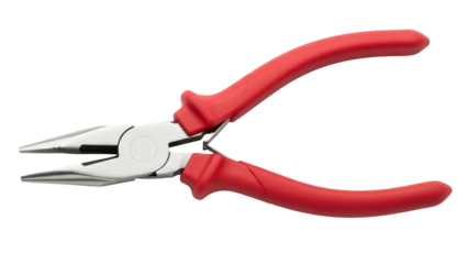 Isolated needle-nose pliers with red grips used for electrical repairs or jewelry making work