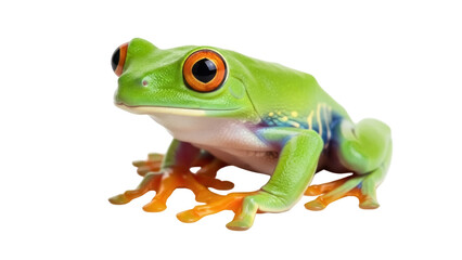 Isolated red-eyed tree frog sitting, vivid green skin, orange feet, natural wildlife