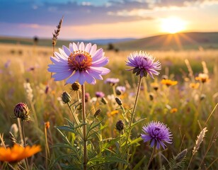 Field of wildflowers in bloom, bathed in warm sunset light with gentle grassy hills