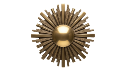 Isolated ornate golden decorative sunburst medallion, radiating brass star embellishment