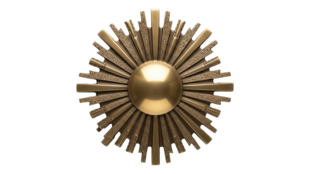 Isolated ornate golden decorative sunburst medallion, radiating brass star embellishment - Powered by Adobe