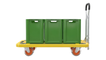 Isolated flat bed trolley with three green containers, carrying groceries or items for delivery