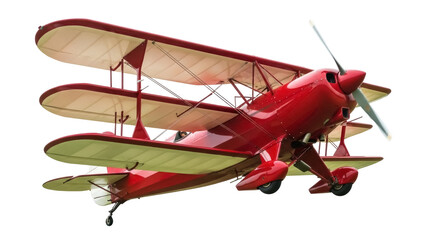 Isolated vintage red triplane aircraft on display with propeller spinning, aviation era