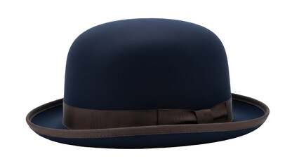 Isolated dark navy bowler hat, a traditional formal headwear with dark brown ribbon trim