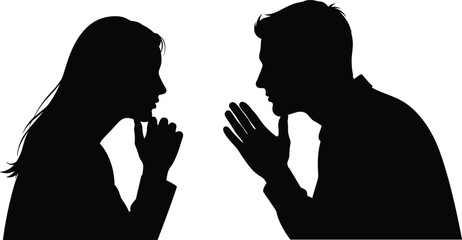 Silhouette man and woman talking, communication and discussion concept, conversation between two people, dialogue interaction illustration, black figures isolated on white background