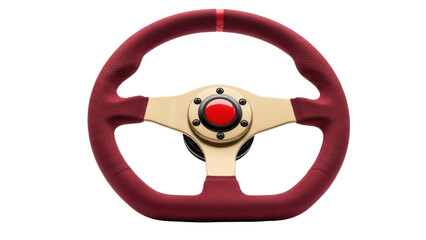 Isolated burgundy-red racing steering wheel with gold center, aftermarket automotive parts