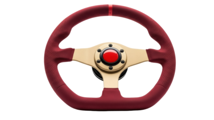 Isolated burgundy-red racing steering wheel with gold center, aftermarket automotive parts