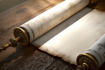 A half-open empty scroll paper on a wooden table .