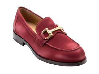 Isolated burgundy leather loafer shoe with golden buckle, business, fashion concept, trend