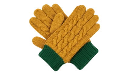 Isolated wool yellow gloves with a green cuff on a clean backdrop for the winter season