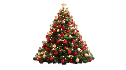 Realistic Christmas tree decorated with glowing lights and colorful ornaments, surrounded by beautifully wrapped gifts with ribbons and bows, festive holiday concept, isolated on white background 