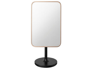 Isolated mirror with metal frame on pedestal, minimalist home decoration element
