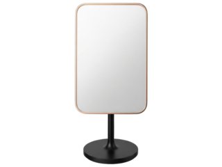 Isolated mirror with metal frame on pedestal, minimalist home decoration element
