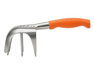 Isolated garden tool for loosening and aerating soil with orange handle for grip and comfort