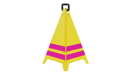 Isolated yellow A-frame hazard marker with pink stripes for safety signage, warning