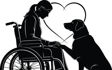 Silhouette woman in wheelchair with service dog, emotional support animal concept, compassion and disability care illustration, heart symbol connection, black figures on white background