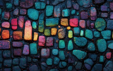 Close-up of a mosaic stone wall with vibrant colors, textures, and subtle highlights