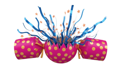 Isolated magenta polka dot celebration cracker with party streamers and stars, festive joy