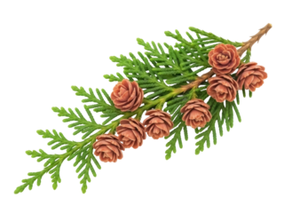 Isolated branch of thuja with cones, evergreen coniferous tree with scale like leaves