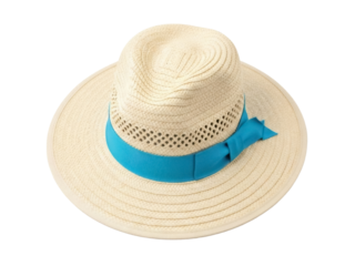Isolated Summer hat with a blue ribbon, straw hat for women, beach hat, sun protection