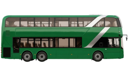 Isolated double decker bus, green vehicle for public transportation with silver stripe design