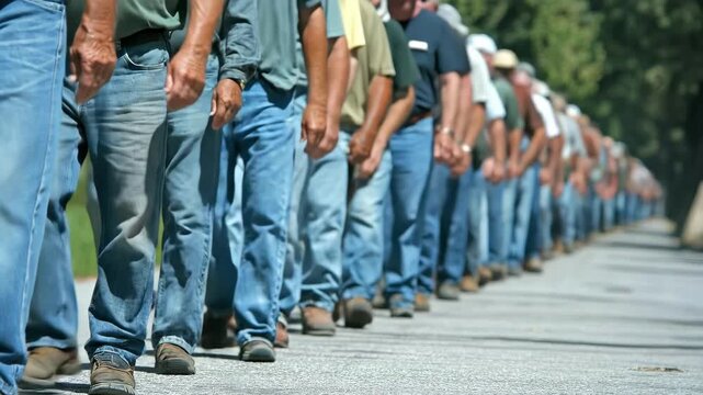 Long line of men in blue jeans and boots standing outdoors