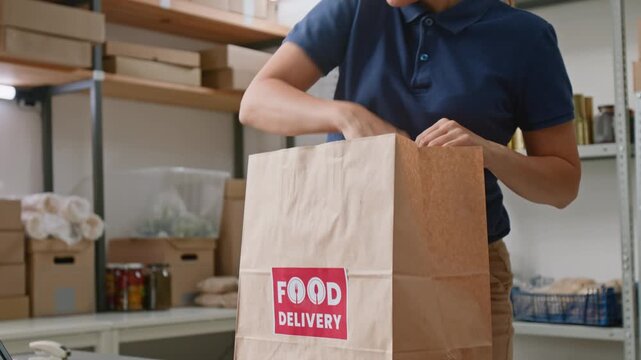Medium shot of young Caucasian female employee placing bag of dry cereal in paper package, then walking to rack, picking up apples, while collecting goods to fulfill order at dark store
