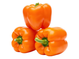Isolated orange bell peppers still life showing three fresh vegetables against a neutral backdrop