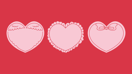 Heart Shape Borders Set. Romantic Coquette Love Card Template Collection. Cute Valentine Wing Lace Bow Frames. Hand drawn Line vector illustration
