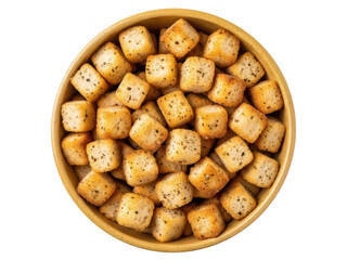 Isolated dish of savory golden croutons, seasoned and ready for use in salad or stuffing
