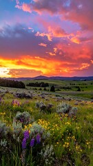 Field of wildflowers under an intense sunset with colorful, dramatic clouds above