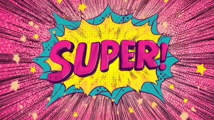 Super word in vibrant pop art comic book speech bubble. Retro halftone effect, star burst background for cartoon expression, and success concept.
