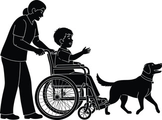 Wheelchair care silhouette, child and caregiver icon, dog companion gesture, black illustration, mobility support scene, therapeutic bond concept, inclusive movement symbol