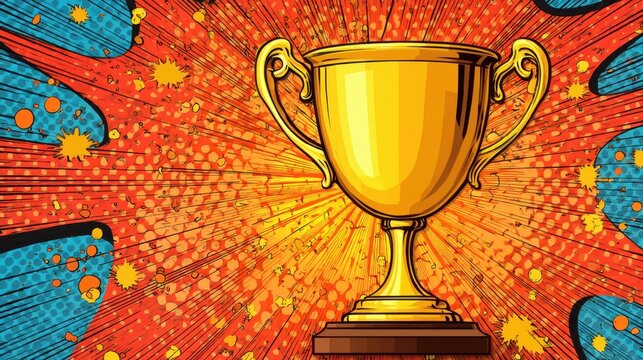 Golden trophy cup cartoon illustration on a comic book background. Concept of success, achievement, and winning a competition or award.