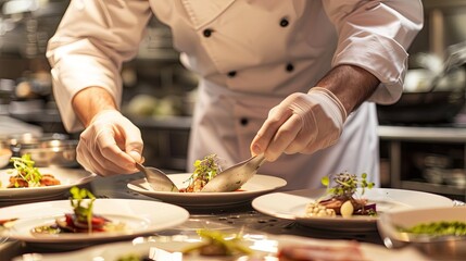 Professional Chef Plating Gourmet Dish in Restaurant Kitchen, Man Hands Garnishing Food with Attention to Detail, Fine Dining Meal Preparation, Close-up