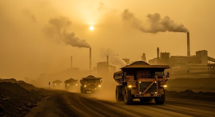Fototapeta premium Heavy Mining Trucks Hauling Ore Through Polluted Industrial Landscape.