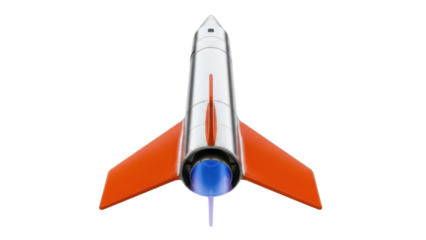 Isolated retro silver rocket ship with orange fins soaring, ready to launch, nostalgia feel