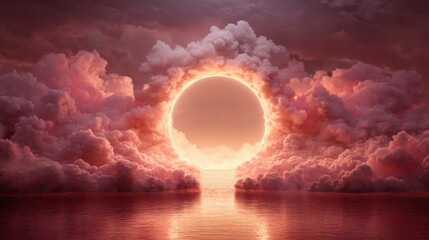 Fototapeta premium Glowing circle portal with clouds and stairs above water. Spiritual journey or new opportunity concept. Abstract fantasy landscape.