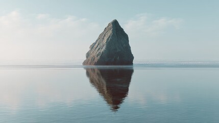 Seascape with large solitary rock reflected in calm ocean water. Minimalist nature scene for tranquility and peace concept. Coastal serenity background.