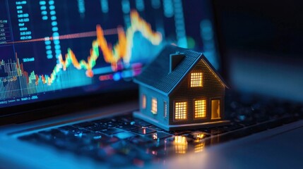 Miniature house on laptop keyboard with financial stock market graphs in background. Real estate investment analysis and property value growth concept.