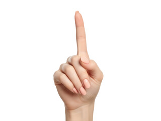 Isolated female hand pointing upwards, demonstrating number one with finger gesture sign
