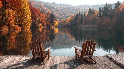 Two wooden chairs on a dock overlooking a tranquil lake surrounded by autumn trees. Scenic view for relaxation and nature getaway.