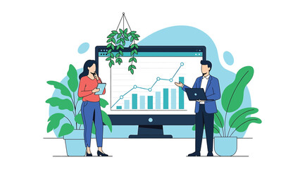 Illustration of two professionals analyzing data on large monitor with bar and line graphs, symbolizing business growth, performance review, and teamwork in a modern eco-friendly workspace