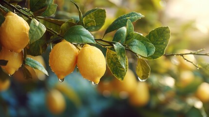 Obraz premium Fresh lemons hanging on a tree branch covered with water drops after rain. Natural citrus fruit for healthy food and drink in garden.