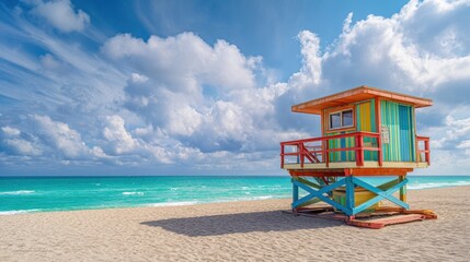 Obraz premium Colorful lifeguard stand on an empty sand beach with turquoise ocean and blue sky. Concept of summer vacation and travel.