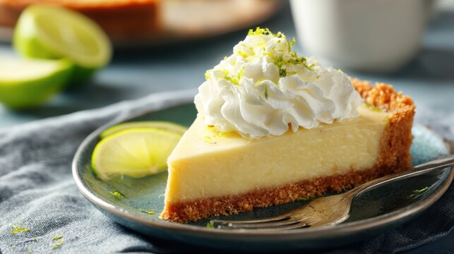 Slice of delicious key lime pie with whipped cream and lime zest on a plate. Classic dessert for cafe or restaurant menu.