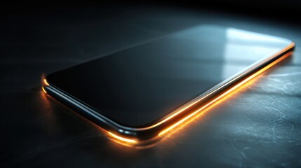 Smartphone with illuminated edges on a dark surface. Concept of modern technology communication, digital interface, or notification.