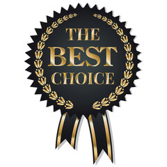 A sticker is the best choice. Vector drawing of a label icon with text. Black with a gold pattern. Excellent quality. The "Best Choice" medal.  A realistic icon highlighted on a transparent background