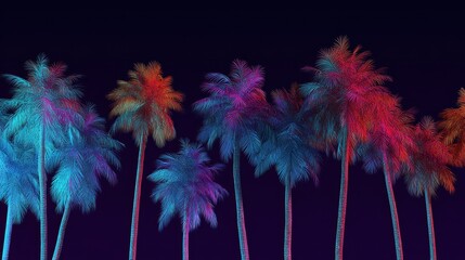 Neon palm tree line on dark background. Vibrant retro 80s tropical graphic design for summer party poster or digital art.