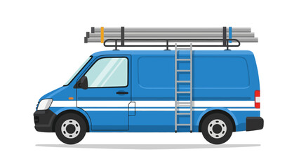 Blue van with ladder and pipes on roof